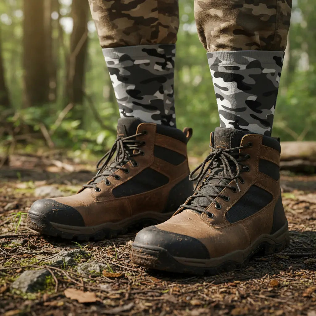 Gray camouflage-patterned socks on a white background