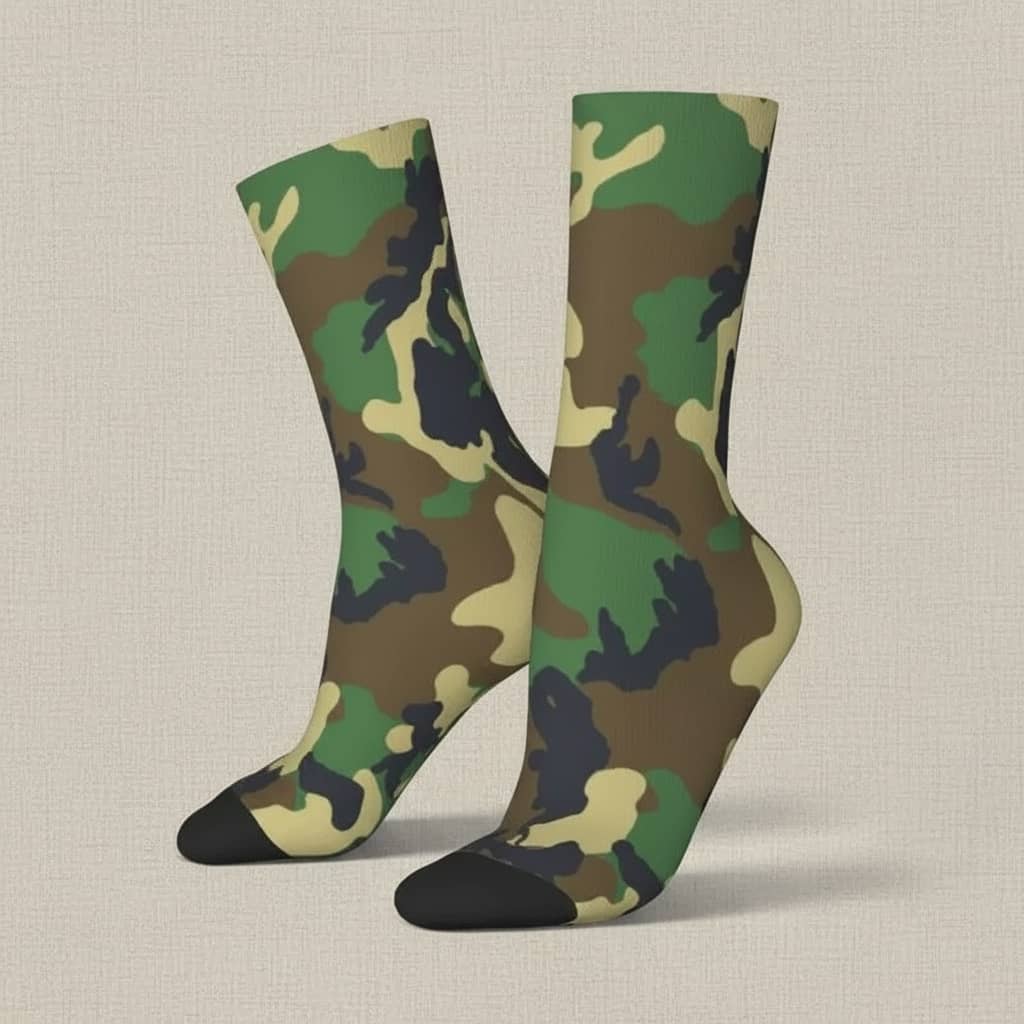US Army crew socks in green camo design for outdoor activities on a neutral background