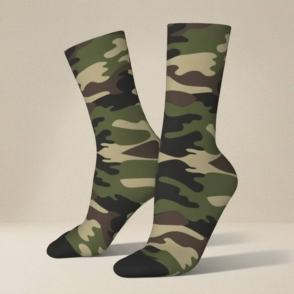 US Army crew socks in camouflage design for tactical wear on a neutral background
