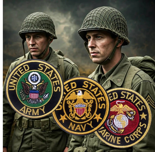 Two soldiers wearing military gear with US Army embroidered patch and other service patches on display