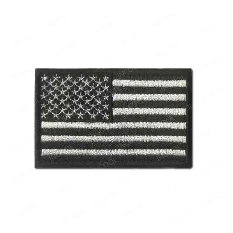 US Flag Embroidered Patch with detailed black and white flag design for military-themed apparel