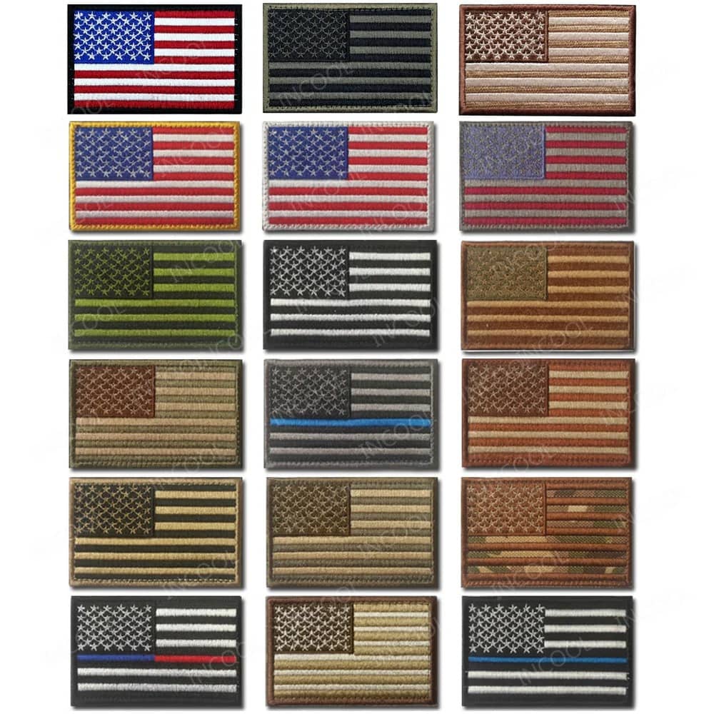 Collection of American flags in various designs and colors on a white background
