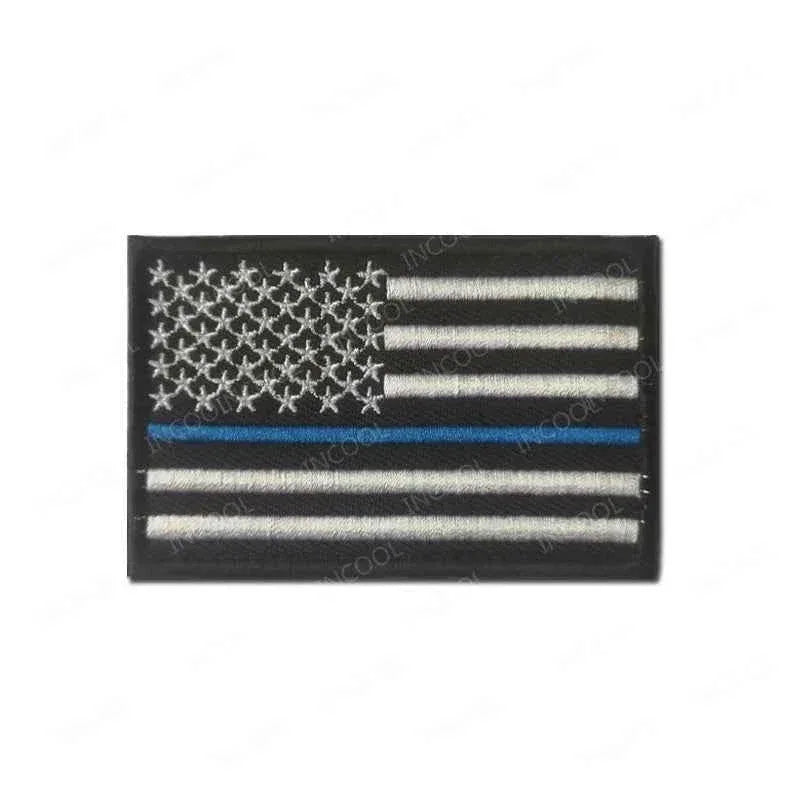 US Flag Embroidered Patch featuring a detailed design with blue line for law enforcement support