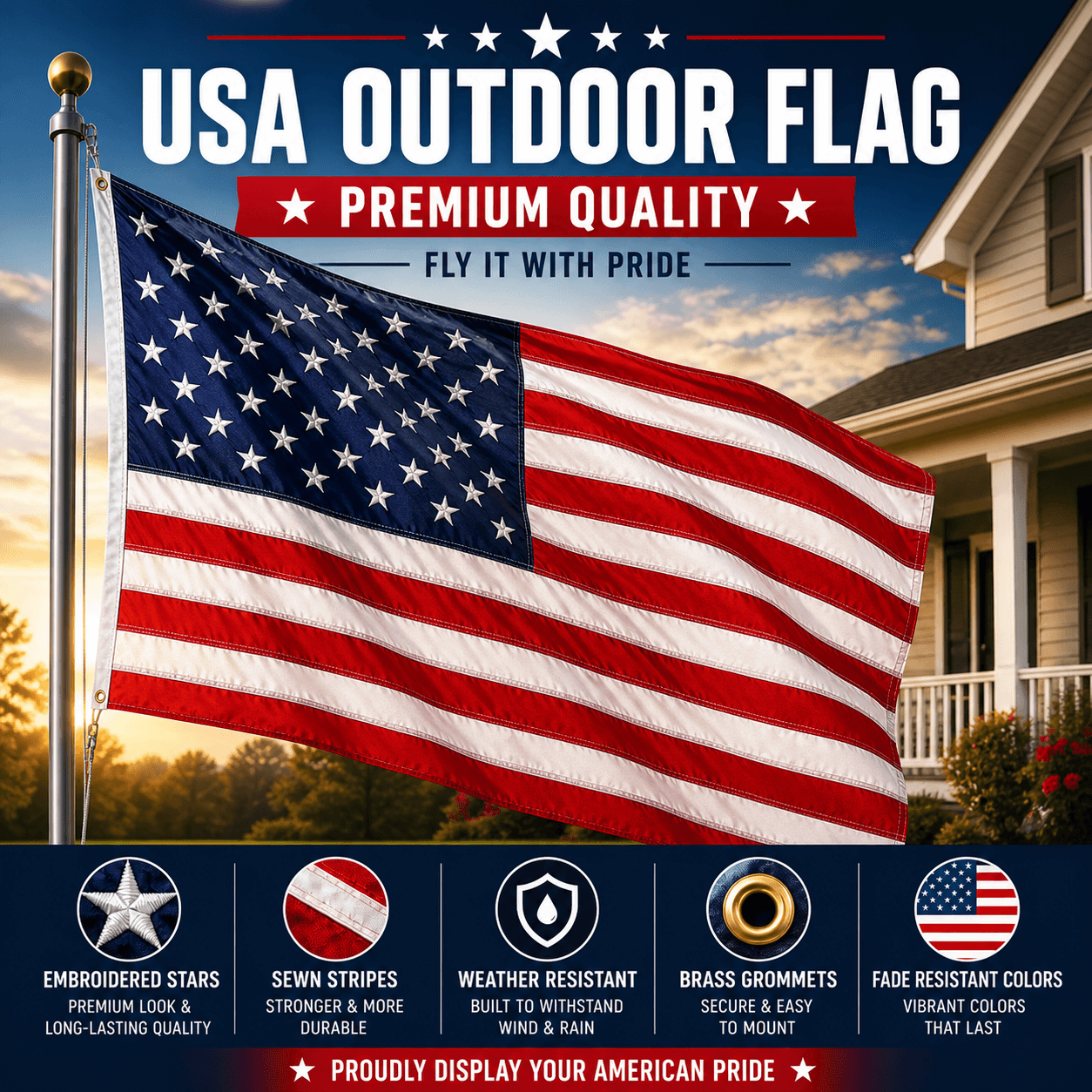 USA outdoor flag premium quality with embroidered stars and durable design