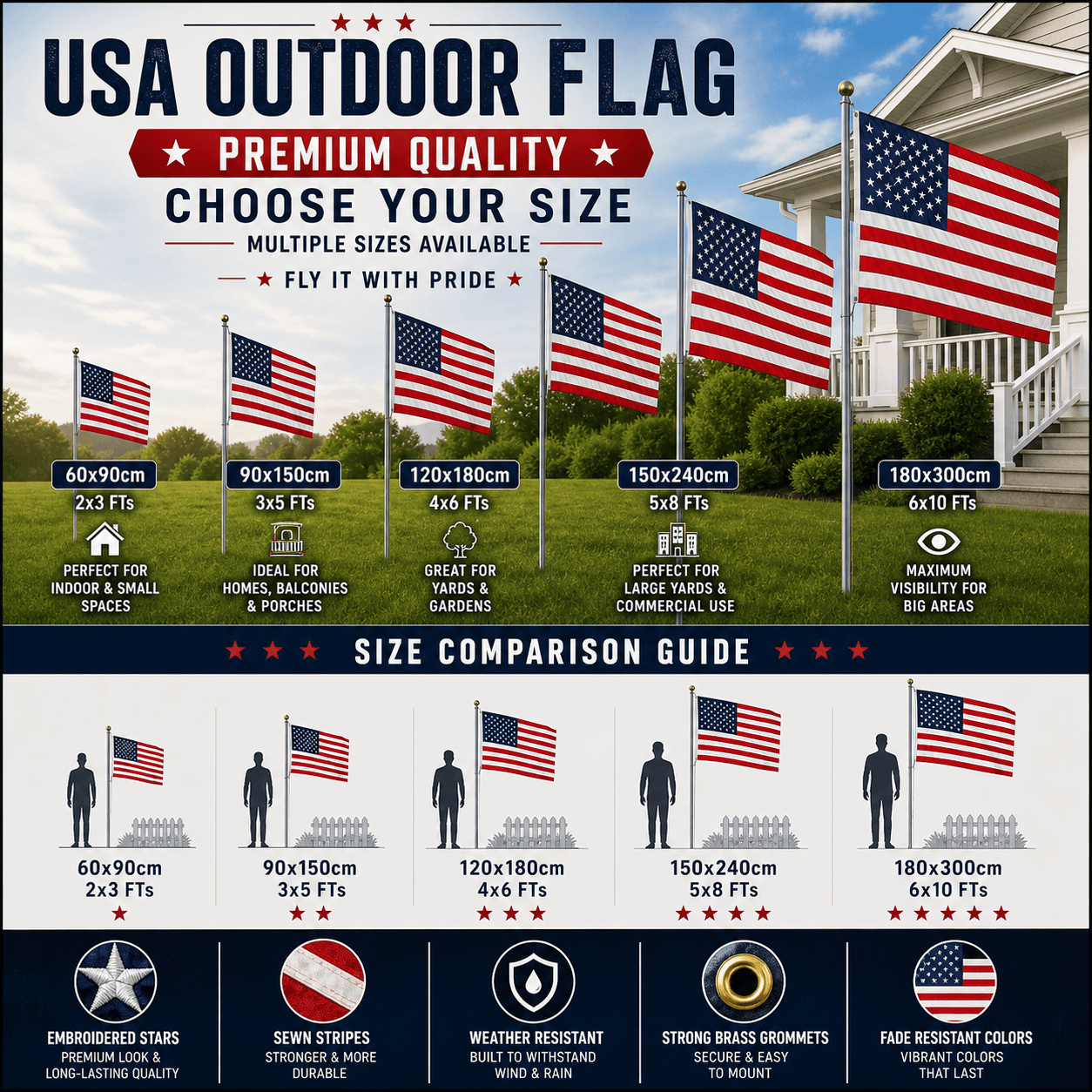 USA outdoor flag size comparison with multiple size options for various uses
