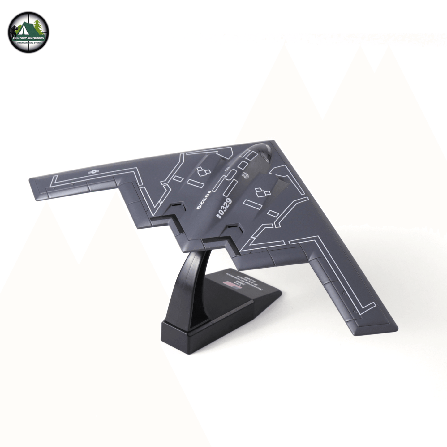 USAF B-2A Spirit model kit displayed on stand with detailed design for collectors and model enthusiasts