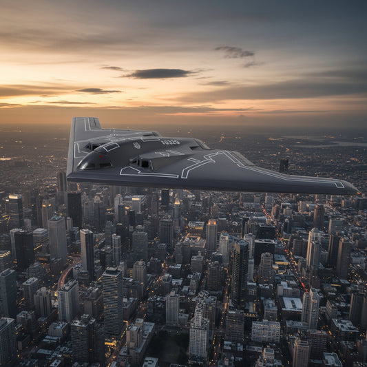 USAF B-2A Spirit model kit featuring a sleek design of the stealth bomber flying over a city skyline