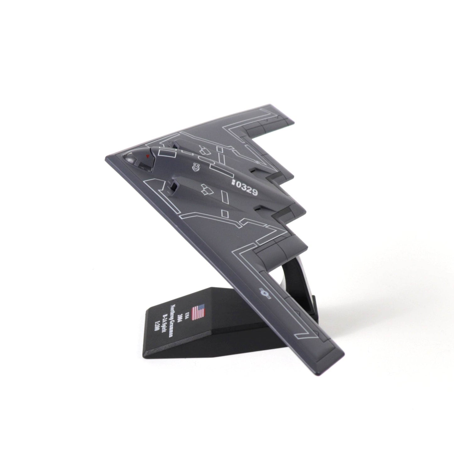 Model of USAF B-2A Spirit model kit displayed on a stand for aviation enthusiasts