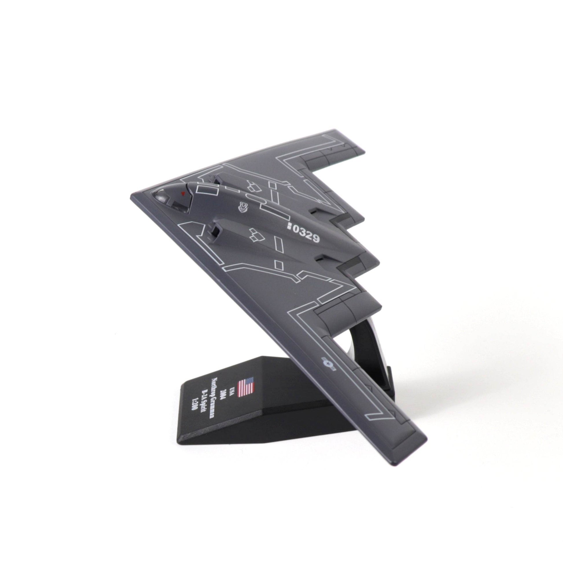 Model of USAF B-2A Spirit model kit displayed on a stand for aviation enthusiasts