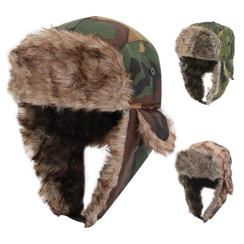 Camo ushanka aviator hat with faux fur lining for warmth in cold weather