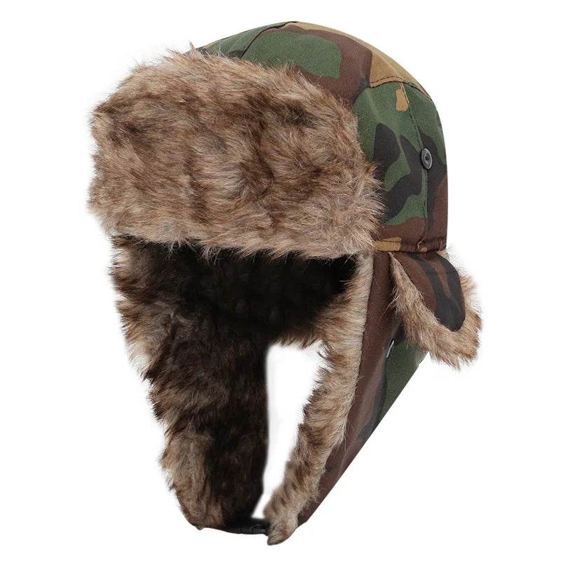 Camo ushanka aviator hat with faux fur lining for cold weather protection