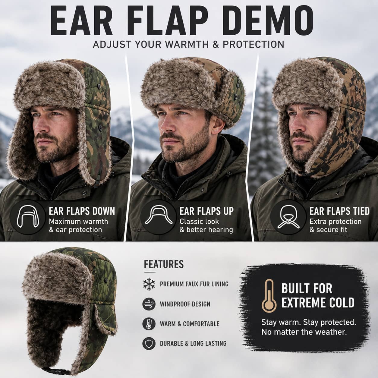 Camo ushanka aviator hat with ear flaps for warmth and protection in extreme cold