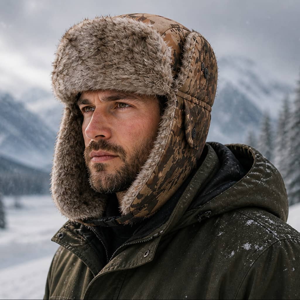 Camo ushanka aviator hat with warm fur lining for winter outdoor activities