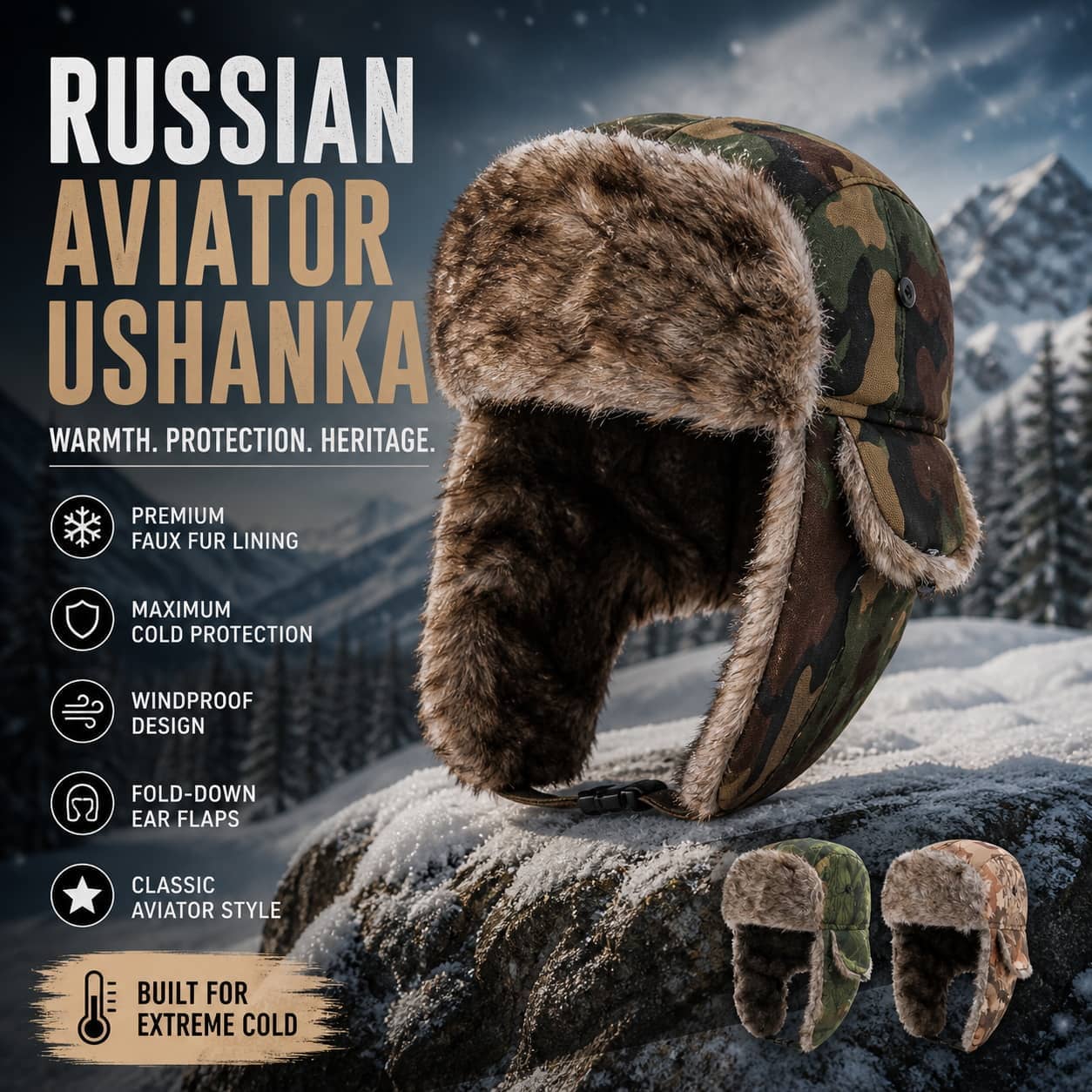 Russian ushanka aviator hat in camo with fold-down ear flaps for extreme cold protection