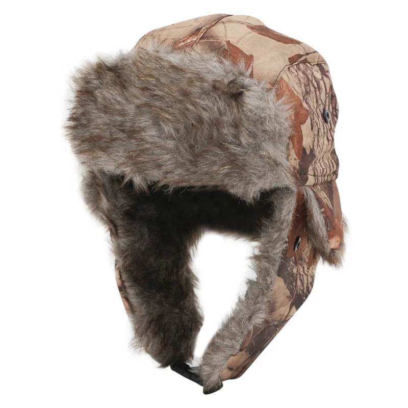 Camo ushanka aviator hat with soft faux fur lining for winter warmth