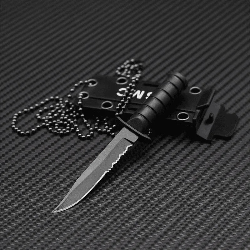 Black mini outdoor knife with serrated edge for versatile cutting