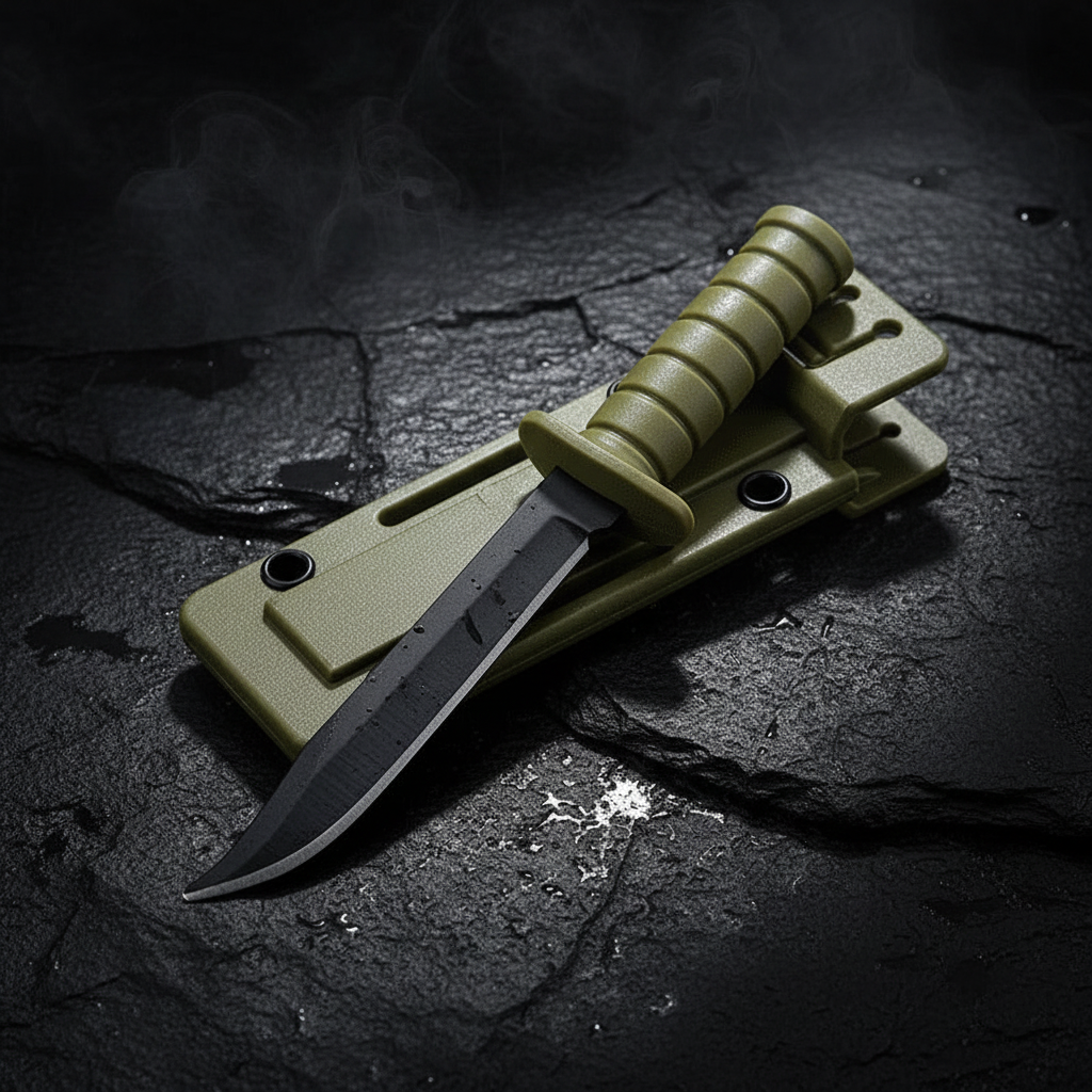 Mini outdoor knife with black blade and green handle for camping