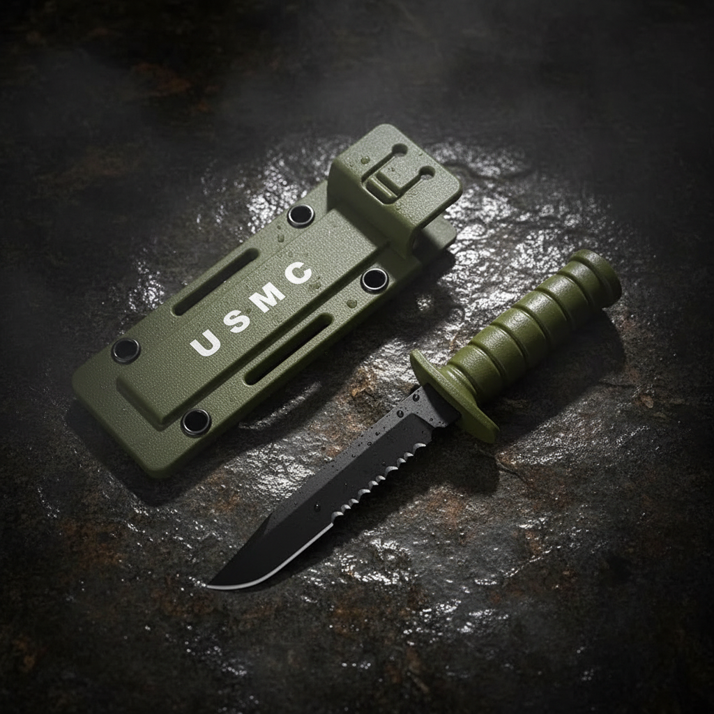 Mini outdoor knife with serrated edge and green sheath for tactical use