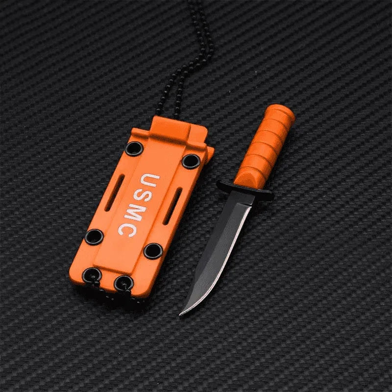 Mini outdoor knife with orange handle and sheath for versatile use