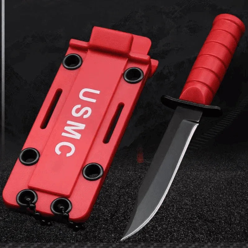 Red mini outdoor knife with sheath, ideal for camping and survival