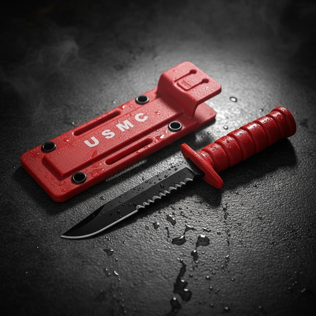 Red mini outdoor knife with serrated edge and protective sheath