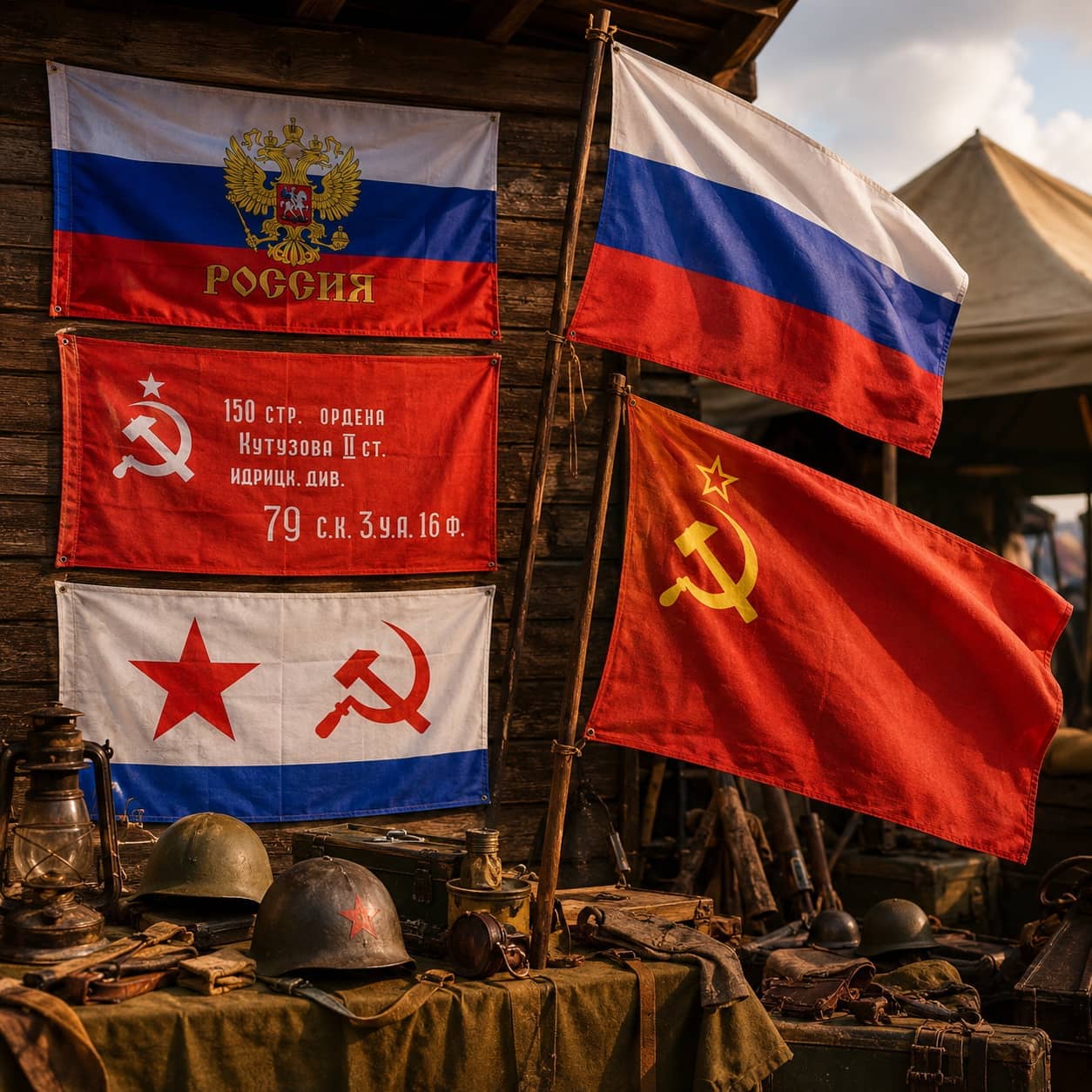 USSR flag displayed with other historical flags in an outdoor setting