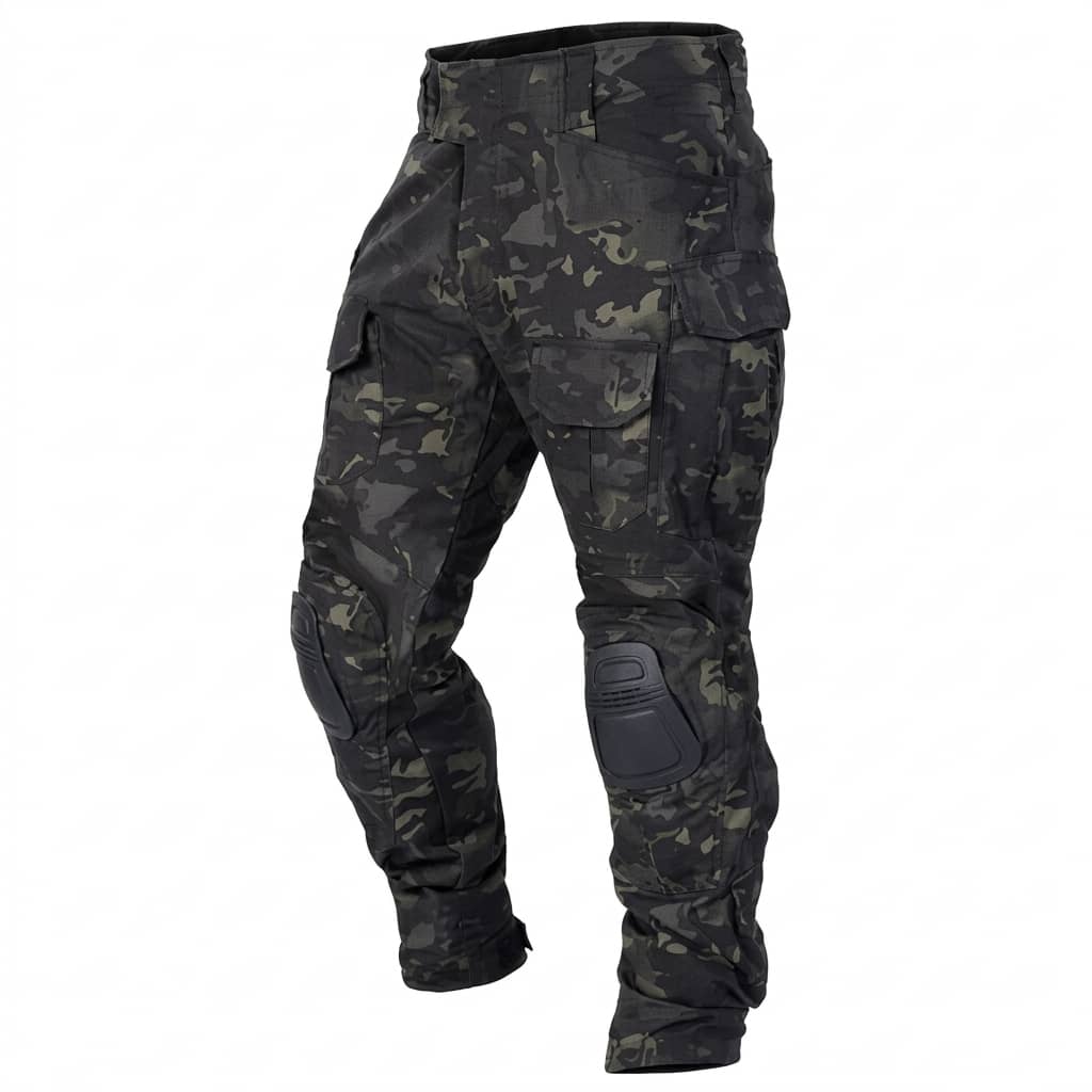 Black camo utility shirt pants with reinforced knee protection for outdoor activities