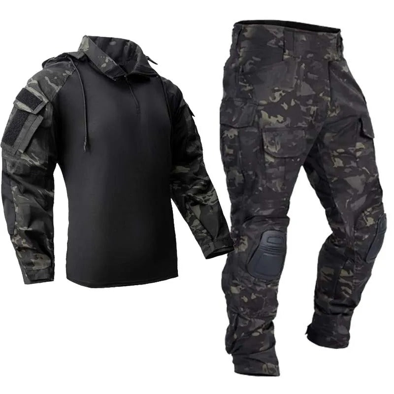 Tactical Utility Shirt Pants Set in Black Camouflage for Outdoor Activities
