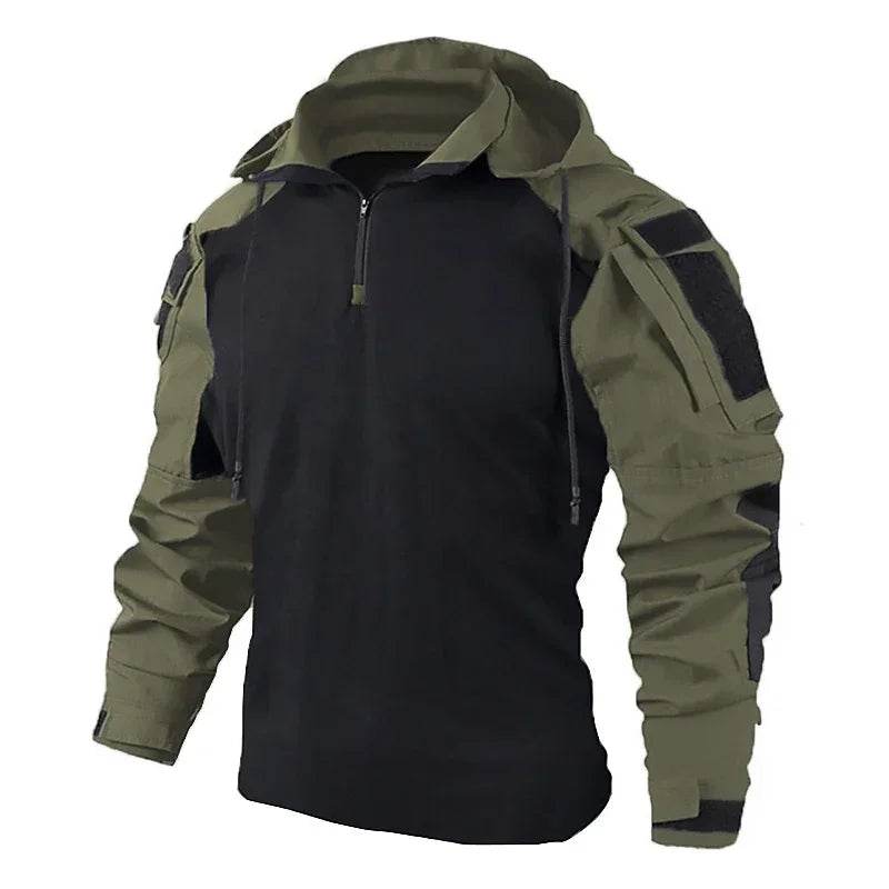 Military-Style Utility Shirt Pants in Black and Olive Green for Outdoor Activities