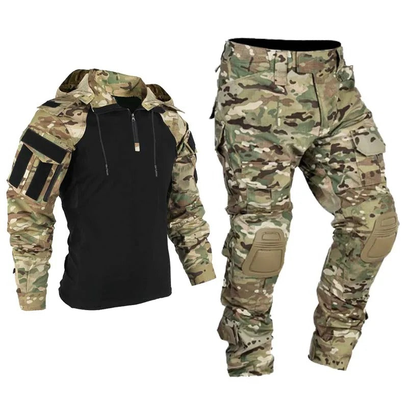 Military camouflage utility shirt pants set for outdoor activities