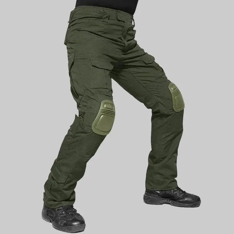 Military green utility shirt pants with reinforced knees for outdoor activities