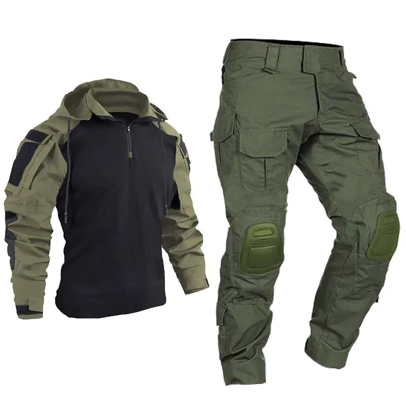 Military utility shirt pants in green and black for outdoor activities