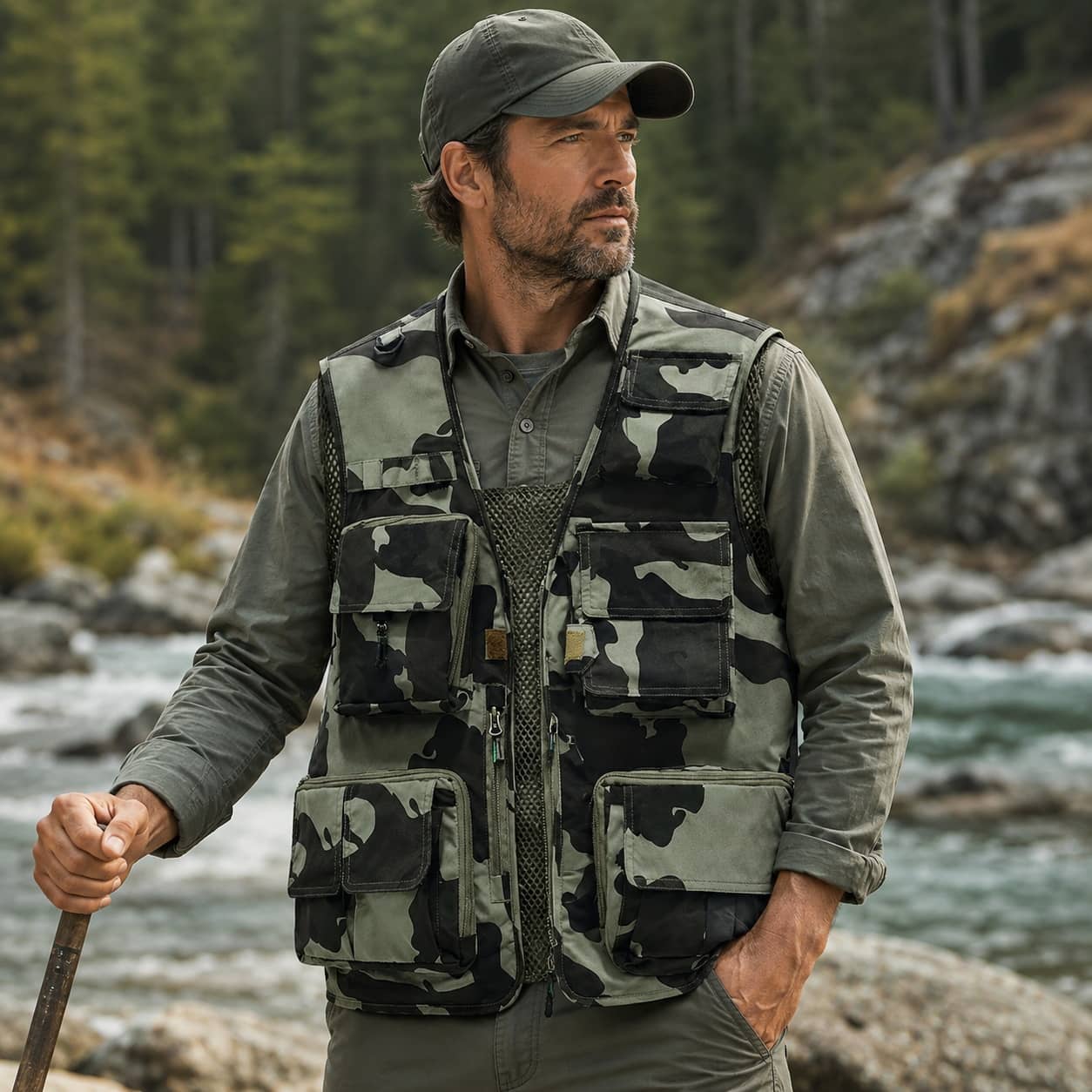 Military-Outdoors utility vest in camouflage for outdoor activities and fishing