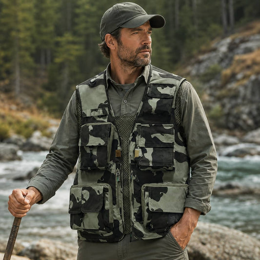 Military-Outdoors utility vest in camouflage for outdoor activities and fishing