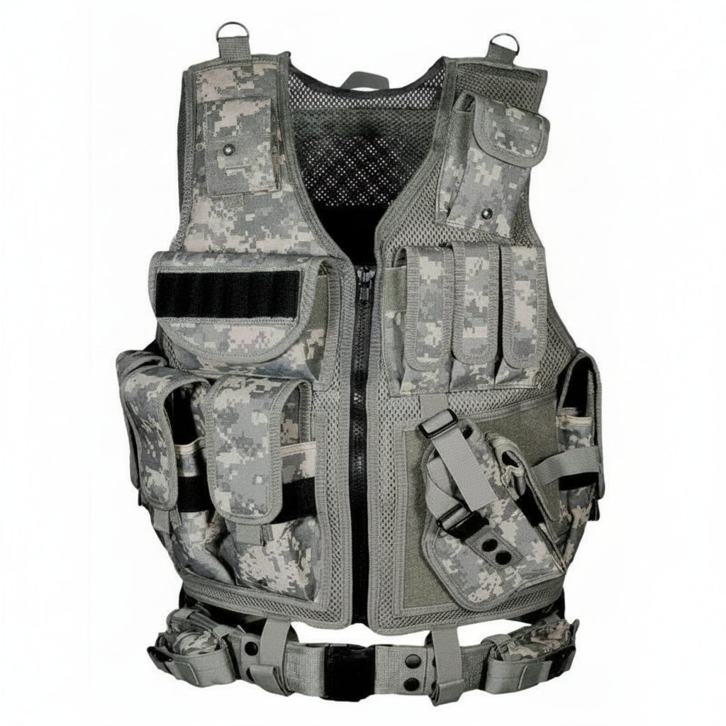 Military Utility Vest in camo with multiple pockets and adjustable straps for outdoor activities