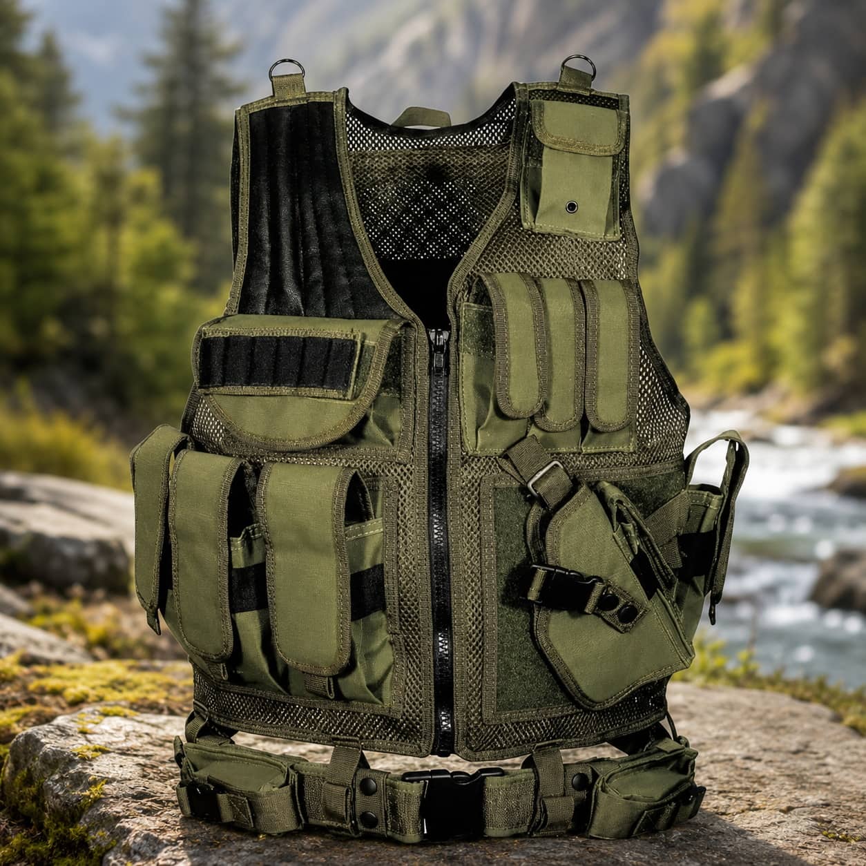 Military Green Utility Vest with Multiple Pockets for Outdoor Activities
