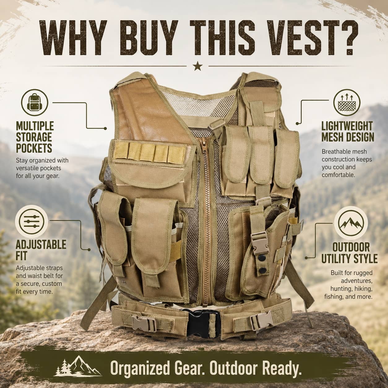 Tan Utility Vest with multiple pockets for outdoor activities