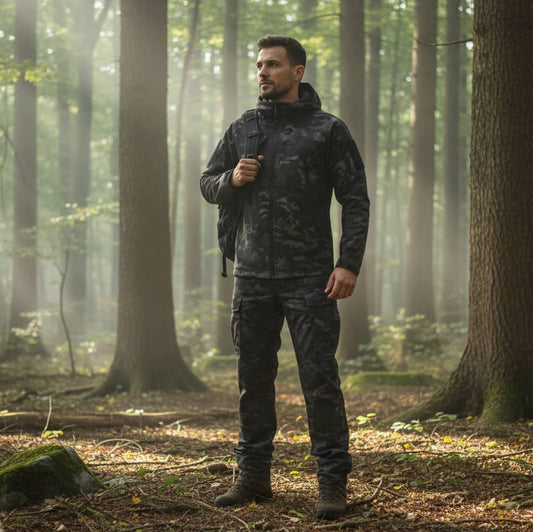 Camouflage jacket, pants, and boots on a white background