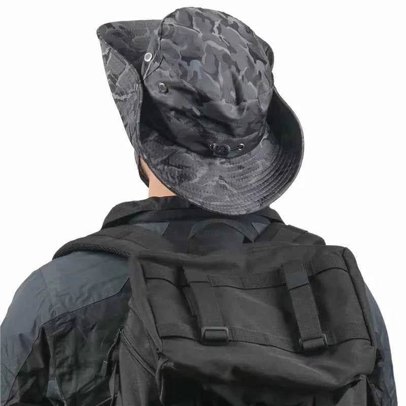Stylish camouflage outdoor hat with wide brim and adjustable chin strap for outdoor adventures - Military-Outdoors.com