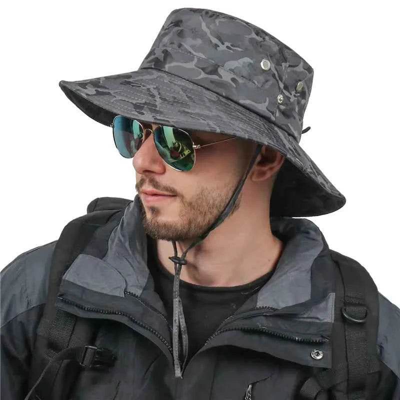 Stylish camouflage outdoor hat with wide brim and adjustable chin strap for outdoor adventures