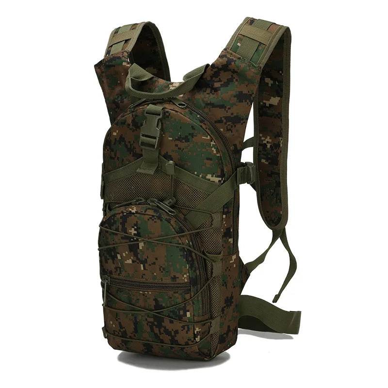 Molle tactical backpack in camouflage for outdoor hydration and travel