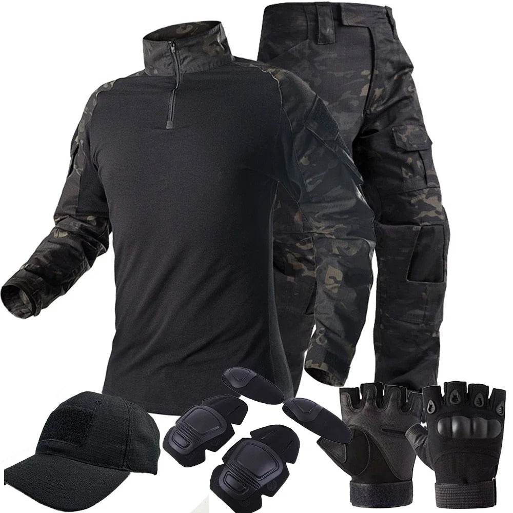 Black outdoor camouflage suit with gloves, cap, and knee pads for tactical use