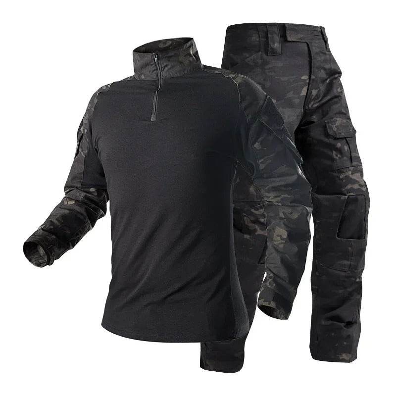 Outdoor camouflage suit in black with tactical features for rugged use