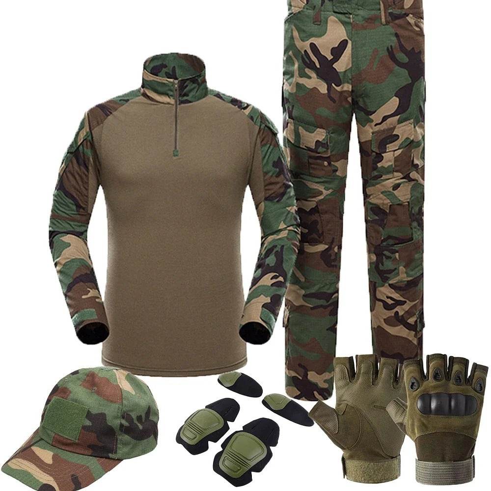 Outdoor camouflage suit featuring shirt, pants, gloves, cap, and knee pads