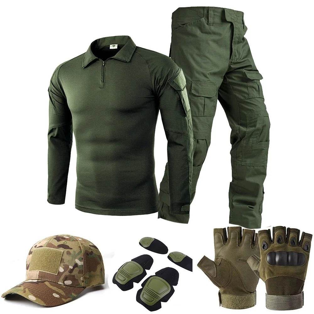 Outdoor camouflage suit in green for tactical use with accessories