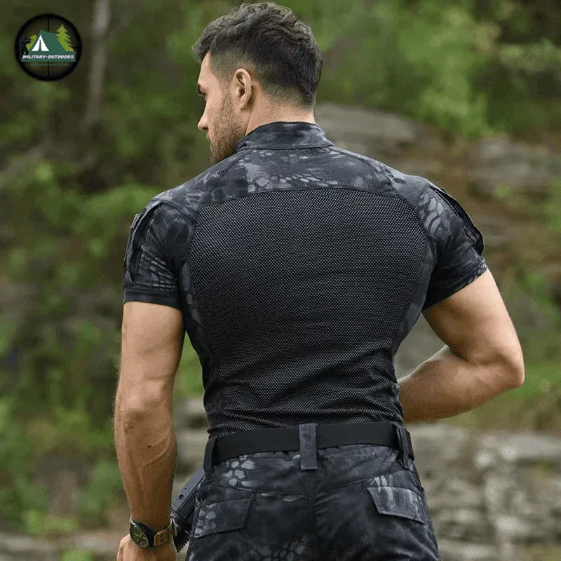 Black outdoor tactical shirt with breathable mesh for outdoor activities