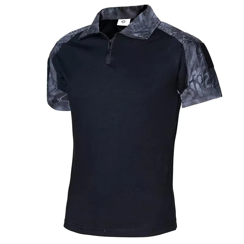 Black outdoor tactical shirt with patterned sleeves for rugged use