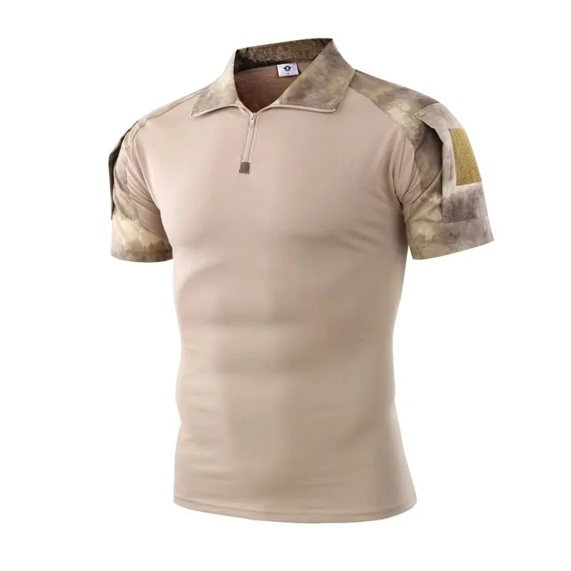 Beige outdoor tactical shirt with zip collar for versatile outdoor use