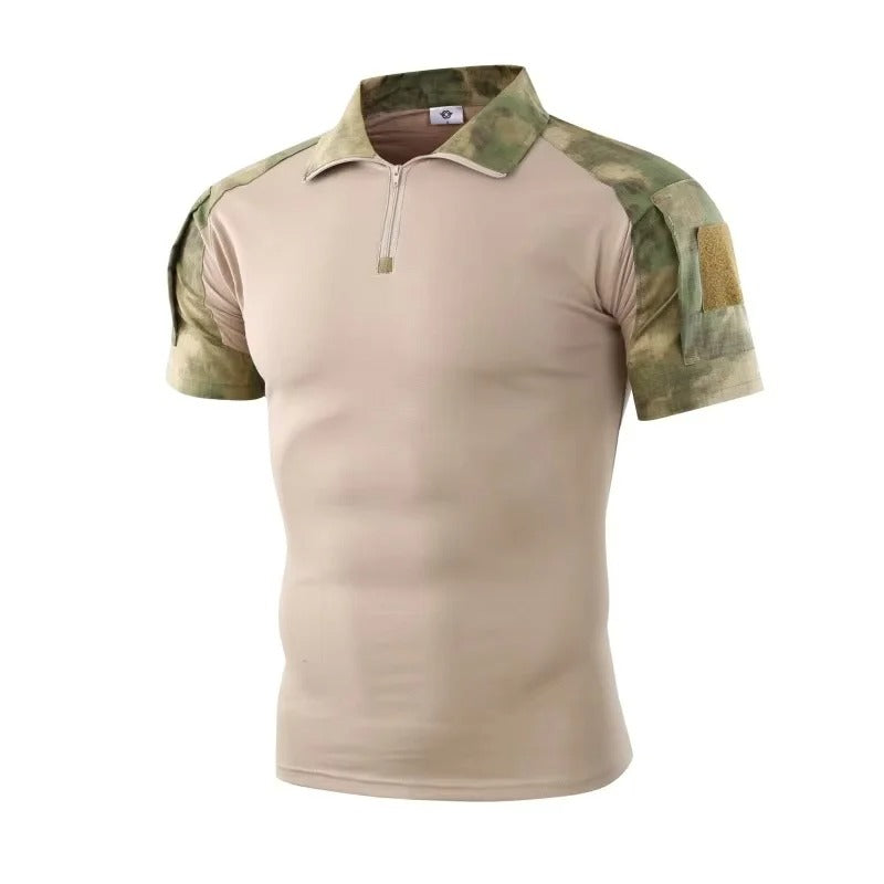 Beige outdoor tactical shirt with camouflage sleeves for military training