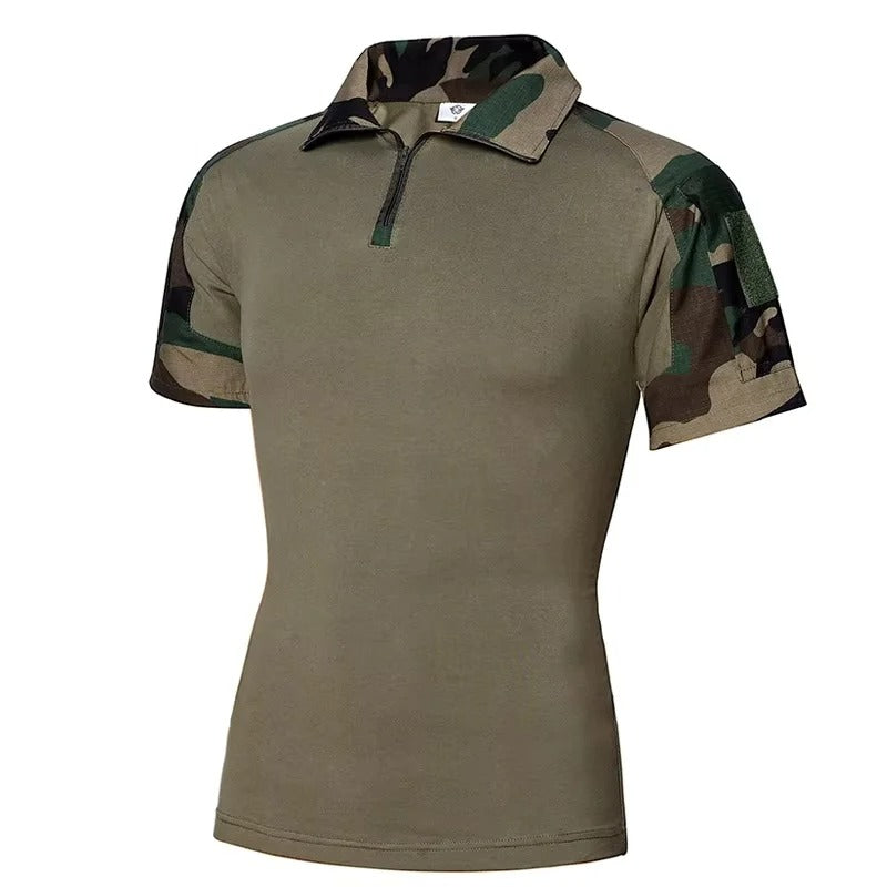Tactical T-Shirt in Olive Green with Camo Sleeves for Outdoor Activities